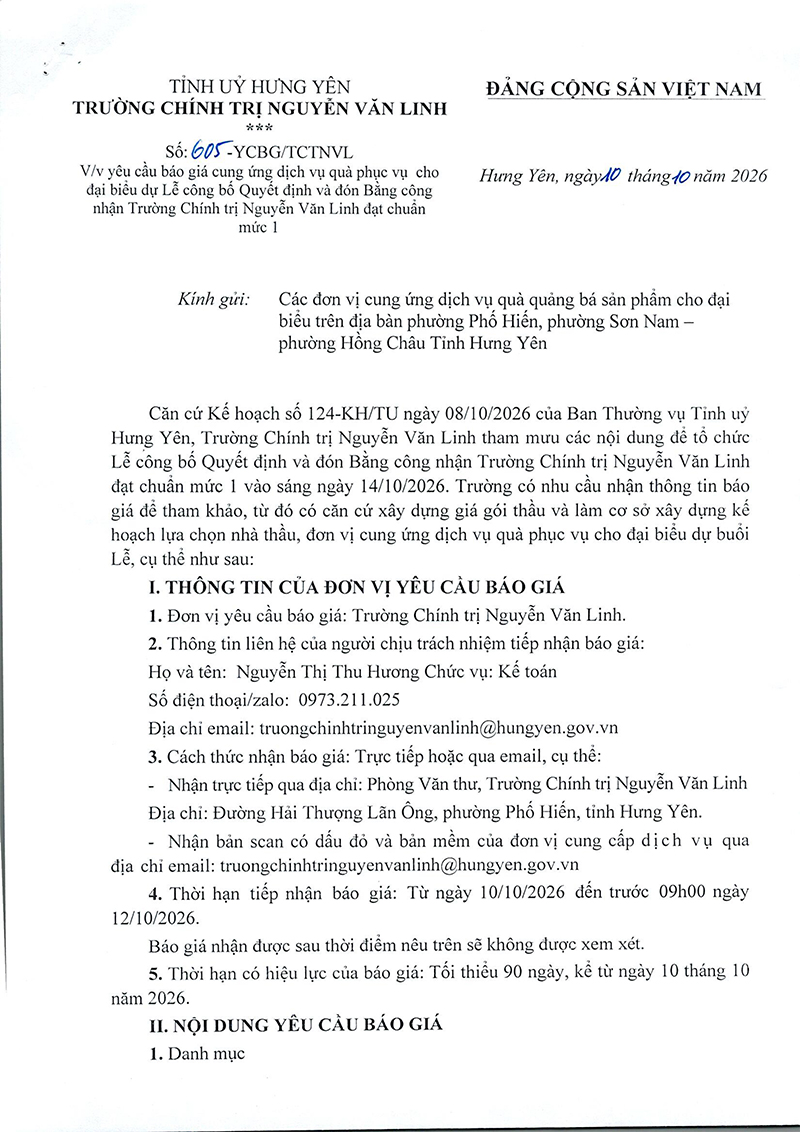 Yêu cầu báo giá cung ứng dịch vụ ăn uống và quà phục vụ cho đại biểu dự Lễ công bố Quyết định và đón Bằng công nhận Trường Chính trị Nguyễn Văn Linh đạt chuẩn mức 1